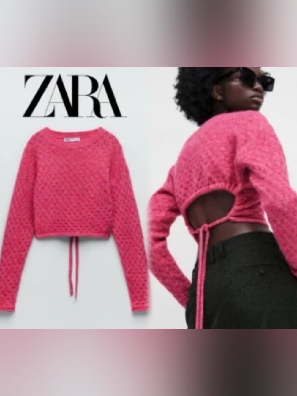 Zara Pink Open Knit Cropped Tie Back Sweater Size Small EUC
